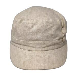 D&Y Army Cap Hat Beige One Size Fitted Linen Blend Floral Lining Trim Buttons
